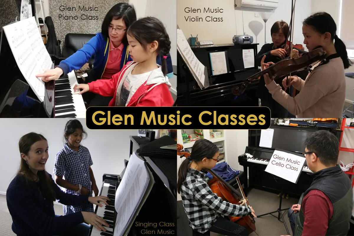Glen Music teachers working with students in piano, violin, singing and cello lessons